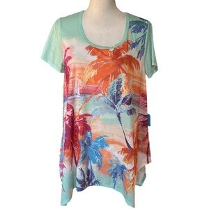 Caribbean Joe Short Sleeve Tropical Palm Tree Print Colorful Top Sz Large NEW